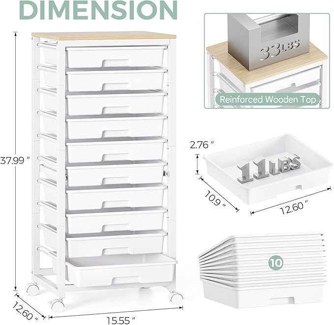 SYKIARIOL Rolling Cart with Drawers,10 Drawer Rolling Cart,Rolling storage cart with drawers,White Rolling Drawer Cart,Teacher Rolling Cart for Classroom Storage,Craft Cart with Wooden Tabletop