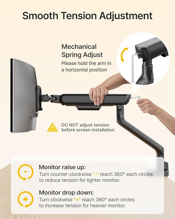 monTEK Single Monitor Arm, Mechanical Spring Monitor Arm for 17-40" Ultrawide Screens, Adjustable Monitors Desk Mount Holds up to 24.2 lbs with C Clamp/Grommet Desk Mount, VESA 75/100mm, MA1011BK