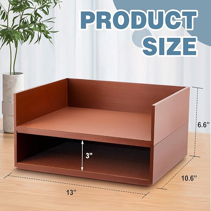Yeaqee 2 Pcs Wooden Leather Stackable Letter Trays 13 x 10.6inch Luxurious Surface Desk Letter Tray Heavy Paper Inbox Mail Organizer for Office Document Magazine Folder Desktop Accessories(Brown)