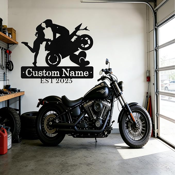 Custom Motorcycle Couple Metal Signs Personalized Biker Couple Name Sign Custom Garage Decor Motorbikes Wall Art Decor Motorcycle Sign Wedding Valentine's Day Gift for Couples