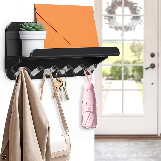 Beego Entryway Key Holder for Wall - Black Acrylic Key Rack with Shelf Decorative Key Hanger Wall Mount Mail Organizer with 6 Key Hooks for Office Hallway Kitchen Living Room Home Décor