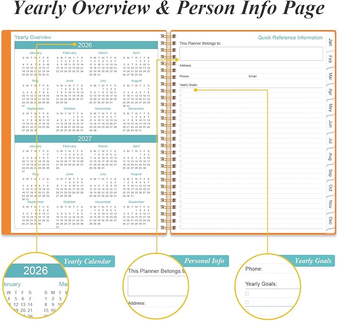 2026 Planner - Planner 2026 from January 2026 to December 2026 with 12 Monthly Tabs, Flexible Cover, Inner Pocket, 8.5" x 11", Orange-A