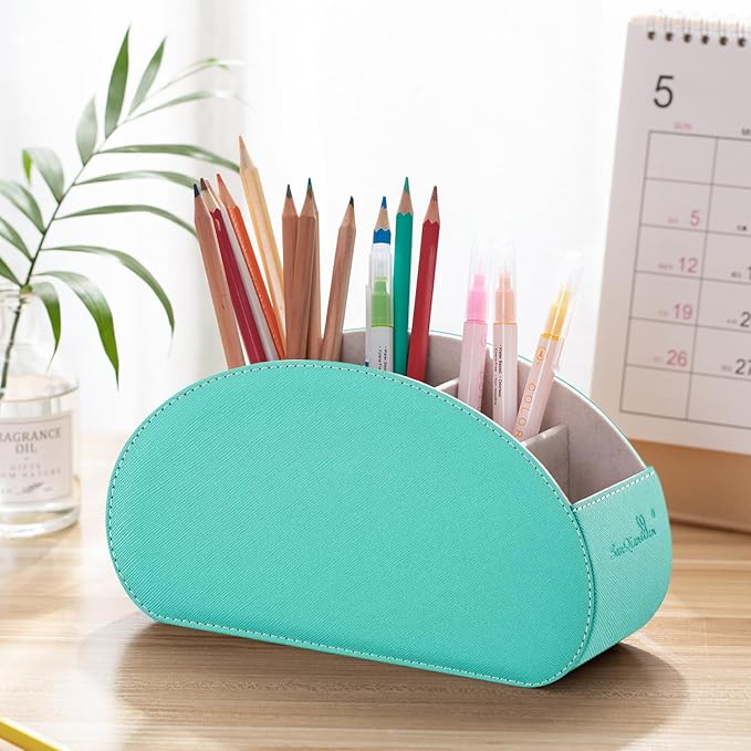 BONNY DODO Remote Control Holders Organizer Box with 5 Compartment PU Leather Multi-functional Office Desk Storage Caddy Store Tv Remote for Media Player,Brush,Pencil,Glassees&Office Supplies (Cyan)