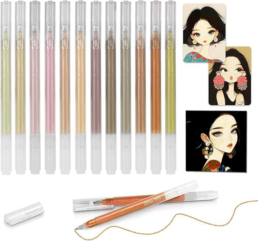 CAISEXILE 12 Skin Tone Glitter Gel Pens Set, 1.0 mm Fine Point for Black Paper & White Paper, Large Capacity Pens for Journaling, Adult Coloring Books, Drawing, Note Taking, Highlighting