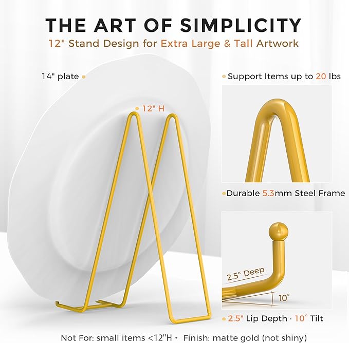 TR-LIFE 12 Inch Large Plate Stands/holder for Display - Metal Picture Frame Holder Stand + Small Easels for Platter, Book, Plaques, Photo, Tabletop Art (Gold 2 Pack)