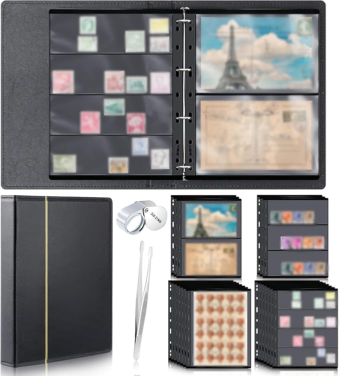 Lewtemi Stamp Collecting Albums Set Stamp Collection Book Include 20 Pages Album Binder Tweezer and Loop Magnifier Collecting Supplies for Collectors(Black,1/2/3/4 Rows)