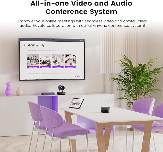 NEARITY Conference Room Camera System, 10X Hybrid Zoom Camera, Noise Reduction, All-in-One for Video and Audio Conferencing, 2K PTZ Webcam | USB Conference Speakerphone Microphone for up to 323ft²
