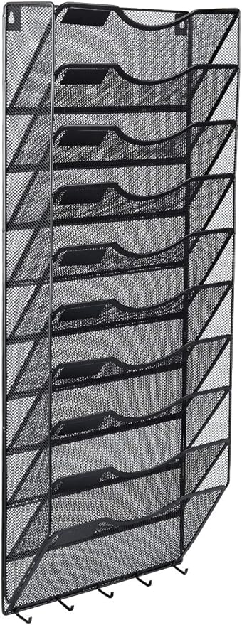 EasyPAG 10 Pocket Mesh Wall File Organizer with Key Hooks, Hanging Paper Folder Holder with Classify Label, Vertical Wall Mount Mail Organizer for Office Home Classroom, Black