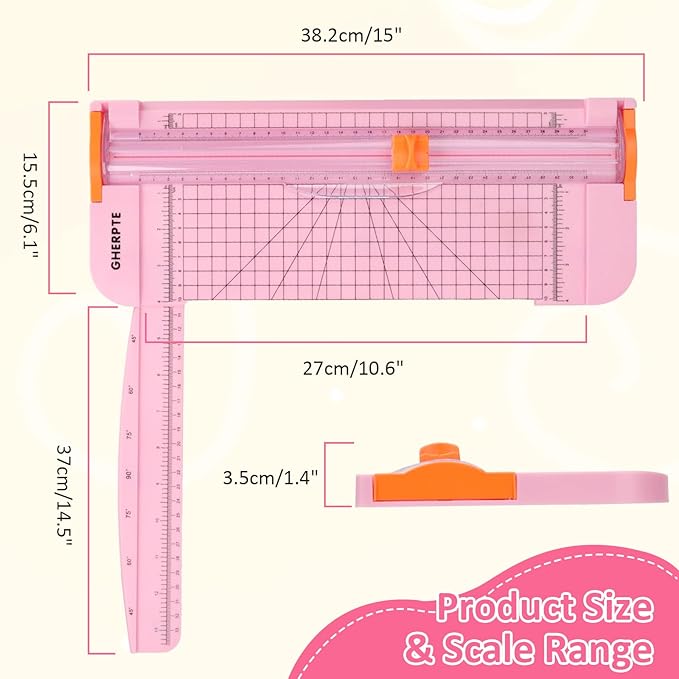 A4 Paper Cutter 12 Inch Titanium Paper Trimmer Scrapbooking Tool with 2pcs Replacement Blades with Automatic Safety Guard and Side Ruler for Craft Paper, Cardstock, Photo, Coupon, Label,Pink