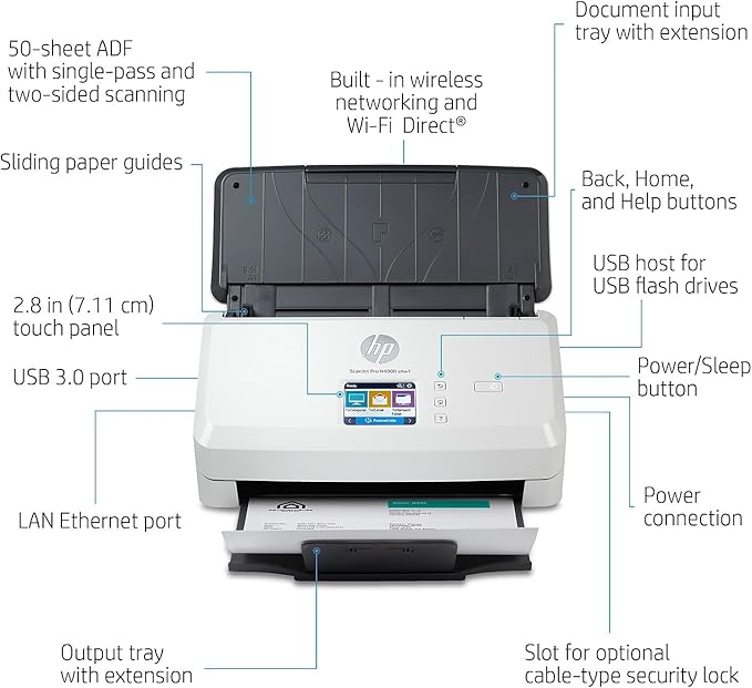 HP ScanJet Pro N4000 snw1 (6FW08A) 40ppm Wi-Fi/USB Color Duplex Scanner with Control Panel for Documents, Photos, Receipts, and Cards. Twain/ISIS Drivers Included