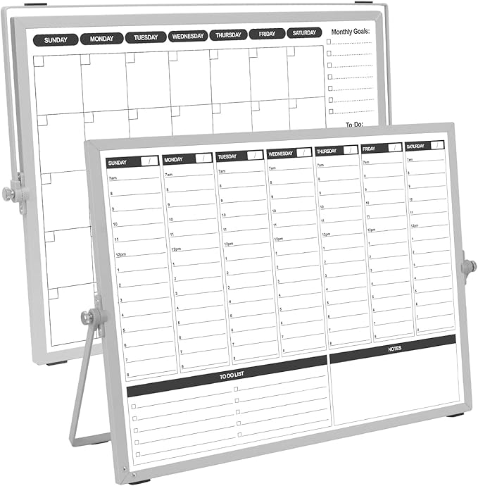 Planning Boards,White Board Dry Erase Calendar with Stand,Double-Sided Weekly Calendar Schedule Board with Time Slots&Monthly Planner with to DO List for Desk and Wall 16"×12"(1 Pack)