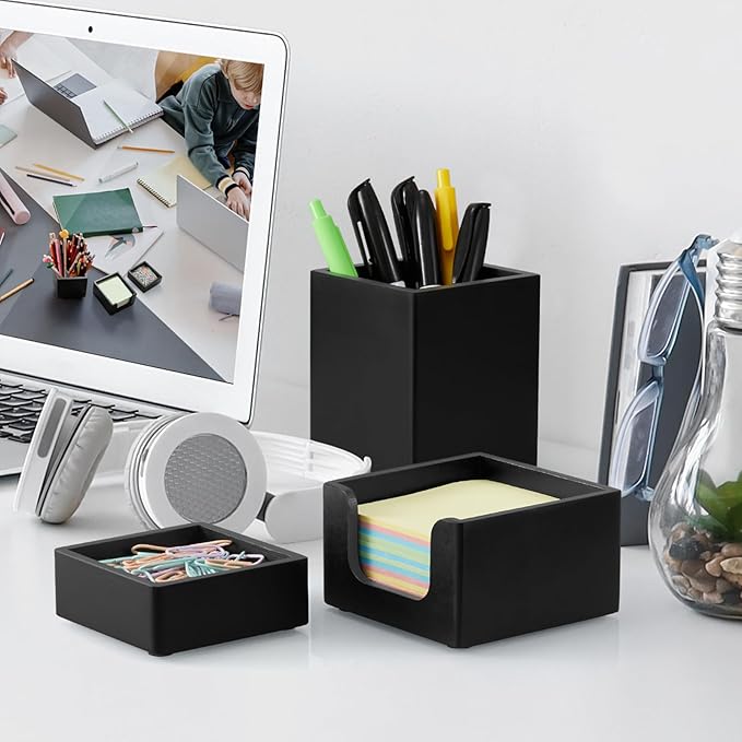 CMLKLZD Black Desk Organizer Set of 3 - Wood Office Desk Accessories - Desk Organizers and Accessories for Women Men - Set incl. Pencil Pen Holder, Paperclip Storage and Sticky Note Holder