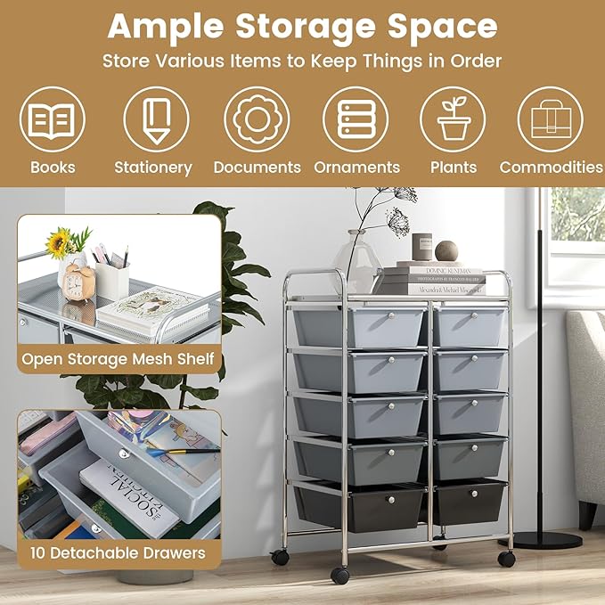 HAPPYGRILL 10-Drawer Rolling Storage Cart, Storage Organizer Cart with Lockable Wheels, Beauty Salon Movable Utility Cart for School, Office, Home, (Black Gradient)