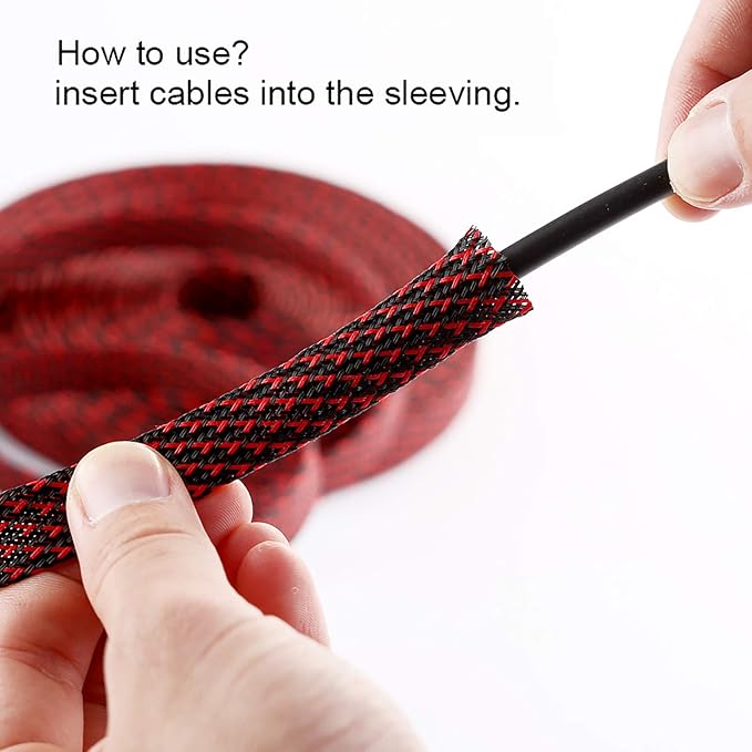 100ft - 1 inch PET Expandable Braided Sleeving – BlackRed – Alex Tech Braided Cable Sleeve