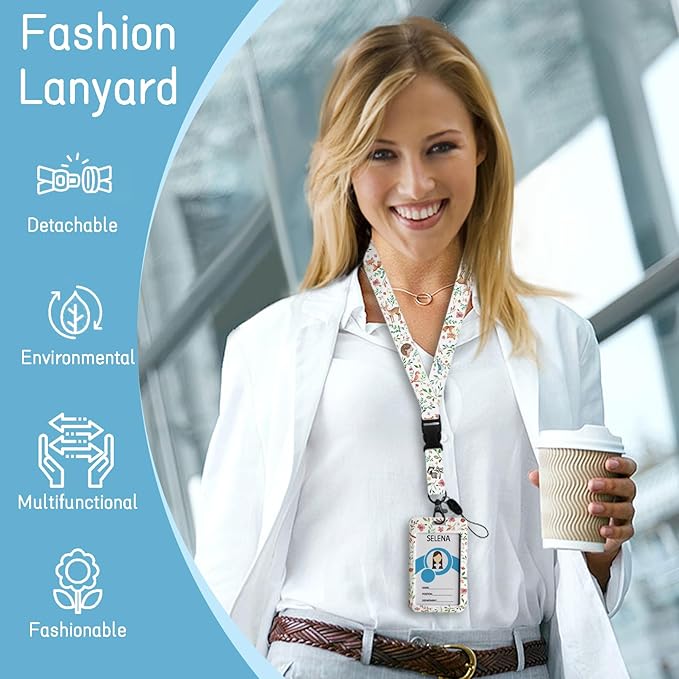 Fox Badge Holder Retractable Lanyard, Lanyards for ID Badges Name Tags Vertical Card Holder, Detachable Lanyard Badge Reel Retractable, Teacher Nurse Workers Women Office Gifts Cute Animal Flowers