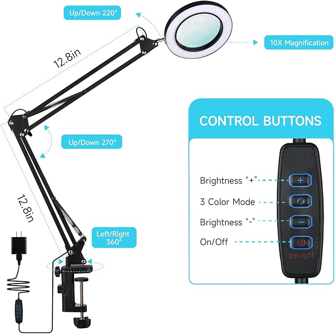 LED Magnifier Desk Lamp with Stand, 3 Color Modes & Stepless Dimming 5-Diopter Glass Lens, Adjustable Swivel Arm - Magnifying lamp for Close Work, Repair, Crafts, Reading - Long