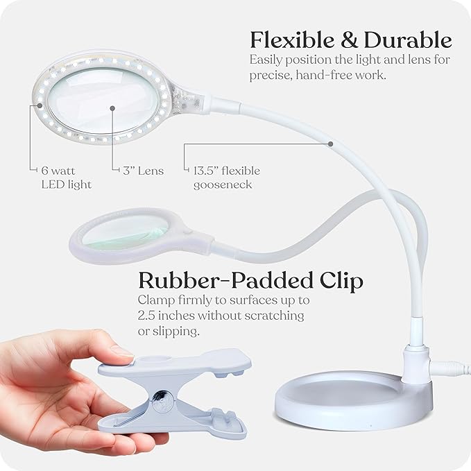 Brightech LightView Pro Flex 2 in 1 Magnifying Desk Lamp, 1.75x Light Magnifier, Adjustable Gooseneck Magnifying Glass with Light for Crafts, Reading, Close Work