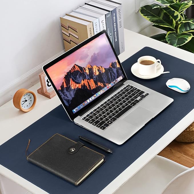 Wolaile PU Leather Desk Pad Blotter,Navy Waterproof Office Desktop Mat for Men,36x17in Non-Slip Large Mouse Pad/Writing Protector/Desk Accessories