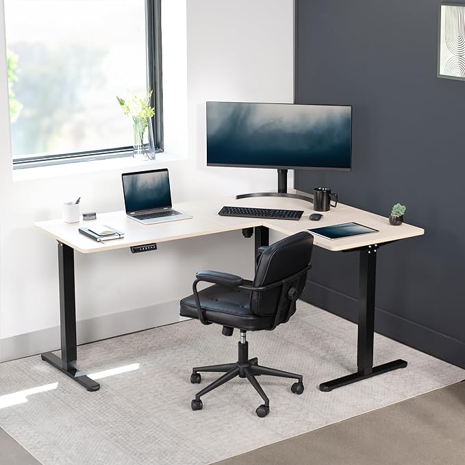 VIVO Electric Corner 63 x 47 inch L-Shaped Standing Desk, Memory Height Adjustment, Light Wood Top Black Frame, DESK-E3CTC-47