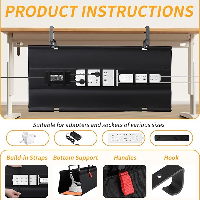 SUREUP9 No Drill Under Desk Cable Management Tray, 36" Cord Organizer with Clamp, Fabric Cable Management for Standing Desks, Ideal for Home & Office - Black