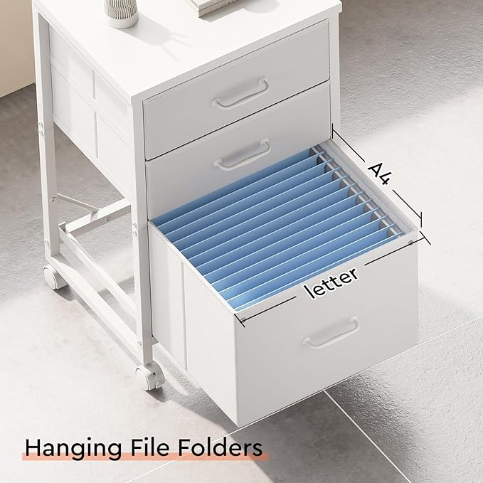 Maihail 3 Drawer Mobile File Cabinet with Wheels Fabric Vertical Filing Cabinet fits A4 or Letter Size for Home Office,White