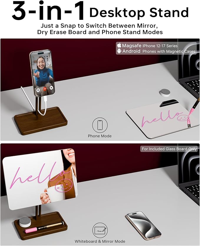 YEOUX Premium Desktop Glass Mirror, Dry Erase Board & Magnetic Phone Stand 3-in-1 | 360° Adjustable | Solid Wood | Compatible with MagSafe, Small Whiteboard for Office Home Desk