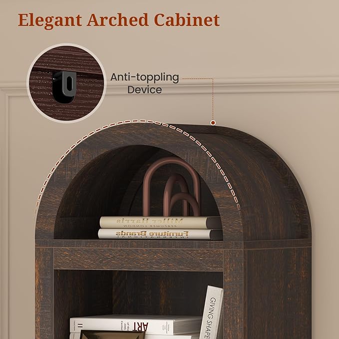 UPOSOJA 76" Tall Narrow Arched Bookcase,7-Teir Mid-Century Modern Bookshelf,Adjustable Shelves offering More Storage Space for Living Room,Kitchen,Home Office,Walnut