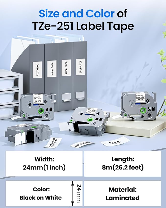 TZe-251 24mm 0.94 Laminated White Tape Replace for Brother Label Maker Tape Aze-251 Compatible with P-Touch Label TZ TZe 1" Black on White for PT-D600 PT-D610BT PT-P710BT PTP700 Refills,4 Pack