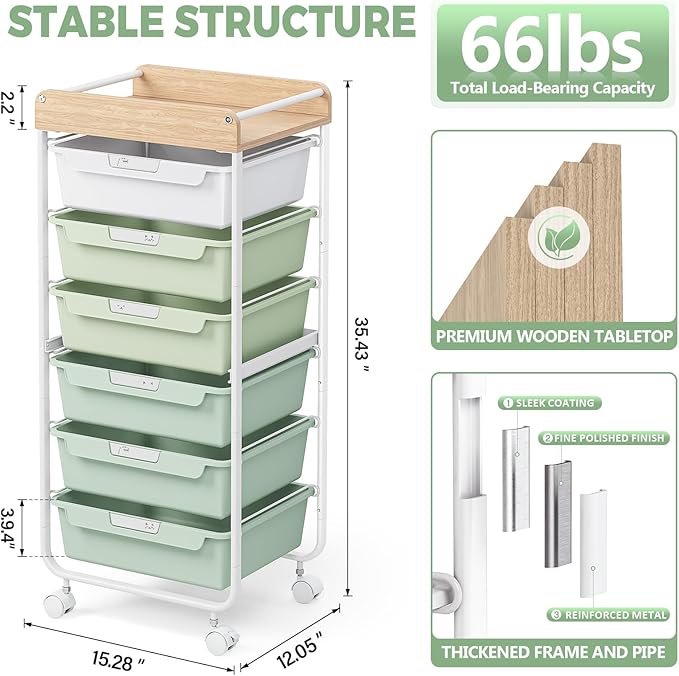 Rolling Storage Utility Cart With 6 Drawers,Art Supply Craft Organizer,Sewing Makeup Organizer And Storage,Office Organization Wooden Tabletop,Green