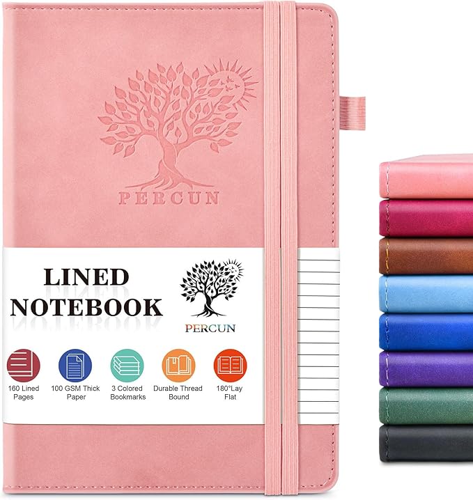 PERCUN Lined Journal Notebook for Men & Women, 160 Pages College Ruled Journal for Writing, A5 Hardcover Leather Notebooks for Work, School, Business, Travel, Daily Diary 5.9" x 8.5" (Pink)