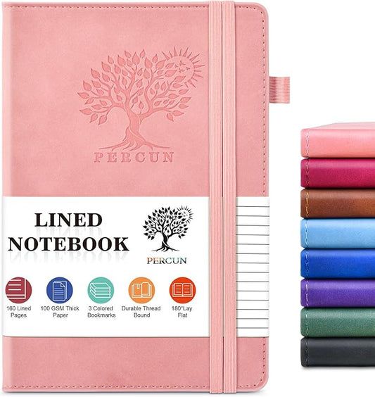 PERCUN Lined Journal Notebook for Men & Women, 160 Pages College Ruled Journal for Writing, A5 Hardcover Leather Notebooks for Work, School, Business, Travel, Daily Diary 5.9" x 8.5" (Pink)