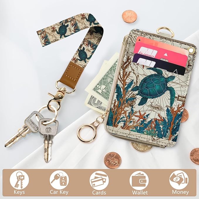 bolimoss Turtle Lanyard Wallet with Id Badge Holder, Cute RFID Small Wristlet Keychain Wallet, Zipper Credit Card Holder Phone Wrist Neck Strap for Key Name Tag, Teacher Student Office Women