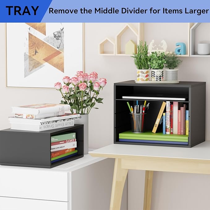 GDINDINFAN Wood Desktop Letter Tray File Organizer, Paper Storage Mail Sorter with 3 Adjustable Drawer Boards for Home and Office, Black