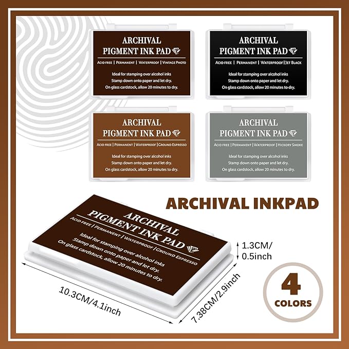 MotiMind 4 Pcs 4 Colors Archival Pigment Waterproof Ink Pad for Stamps 3.7 x 2.5 Inch Permanent Waterproof Ink Pad for Card Making, Stamping, Scrapbooking Gift