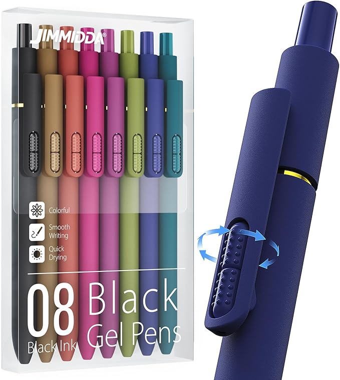 JIMMIDDA 8Pcs Black Gel Pens - 0.7mm Medium Point Black Ink Pens | Smooth Writing - Quick Drying Retractable Pen for Men Women (Vintage - 8Pcs)