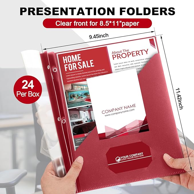 Teling 24 Pcs Clear Front Report Covers with 3 Prongs, Plastic Dark Red Presentation Folders Bulk with 3 Pockets for A4 and Letter Size Paper, 90 Sheet Capacity, Document Covers for School Business
