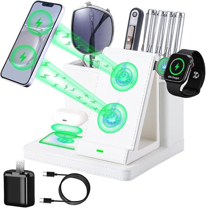 LADSTAG Leather Desk accessories Pen Holder with 3-in-1 Wireless Charger for Phone, Earbuds, Watch Multifunctional Desktop Phone Stand for Office and Home,birthday gifts,gifts for him (white)