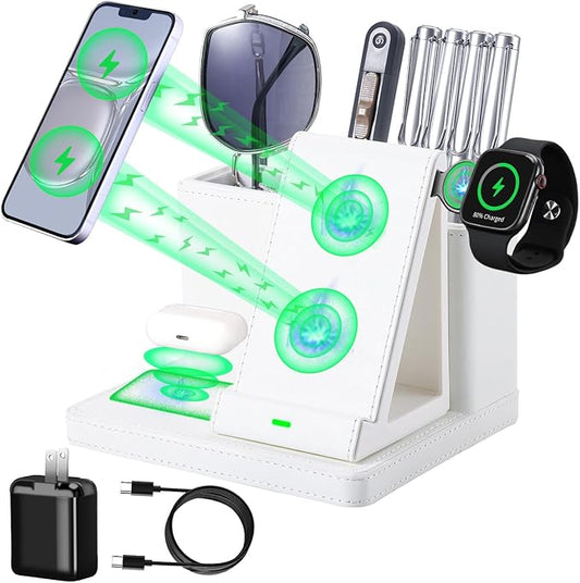LADSTAG Leather Desk accessories Pen Holder with 3-in-1 Wireless Charger for Phone, Earbuds, Watch Multifunctional Desktop Phone Stand for Office and Home,birthday gifts,gifts for him (white)