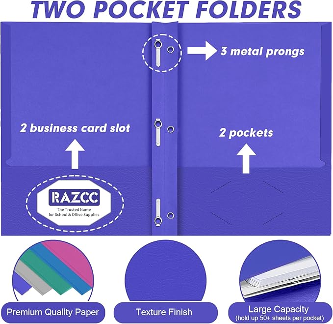 Two Pocket Folders, RAZCC 100 Pack Two Pocket with Prongs, 3 Prong Pocket Folders Letter Size, Paper Folders with Prongs for School Office Home Business, Assorted 5 Colors