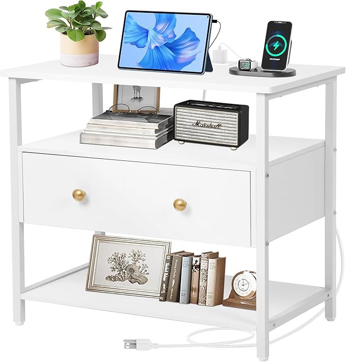 Edbuosy 27 Inch Wide Night Stand with Charging Station, Wood Nightstand with Open Shelf, Large Drawer Bedside Table for Living Room/Bedroom/Office (White)