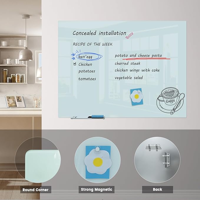 JYYPWB Glass Magnetic Dry-Erase Board - 48 x 36 Inches Hanging Glass Whiteboard for Wall, Large Frameless Magnetic White Board for Office, Home & School