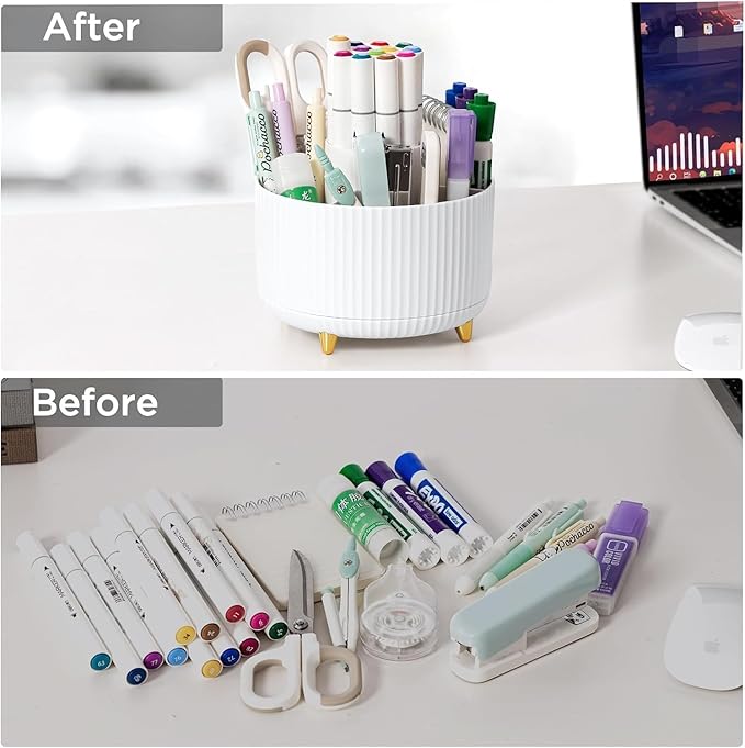Gawsey Desk Organizers and Accessories Set with 360-Degree Rotating Pen Holder, Acrylic Stapler, Tape Holder, Staple Remover, Binder/Paper Clips Kit, Scissor and 1 Box of Staples