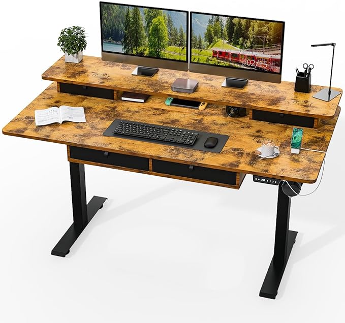 Kingant 63 x 30 Inch Electric Standing Desk with 4 Drawers, Adjustable Height Computer Desk for Home Office, Large Workstation Sit Stand Up Desk with Built-in USB A/C Charging Ports, Rustic Brown