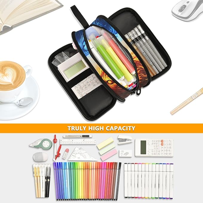 BOENLE Wolf Ice Blue Fire Pencil Case Box Boys Girls Large Pencil Pouch with Zipper Compartments Big Capacity Stationery Pen Bag Organizer for Kids Teens Adults School