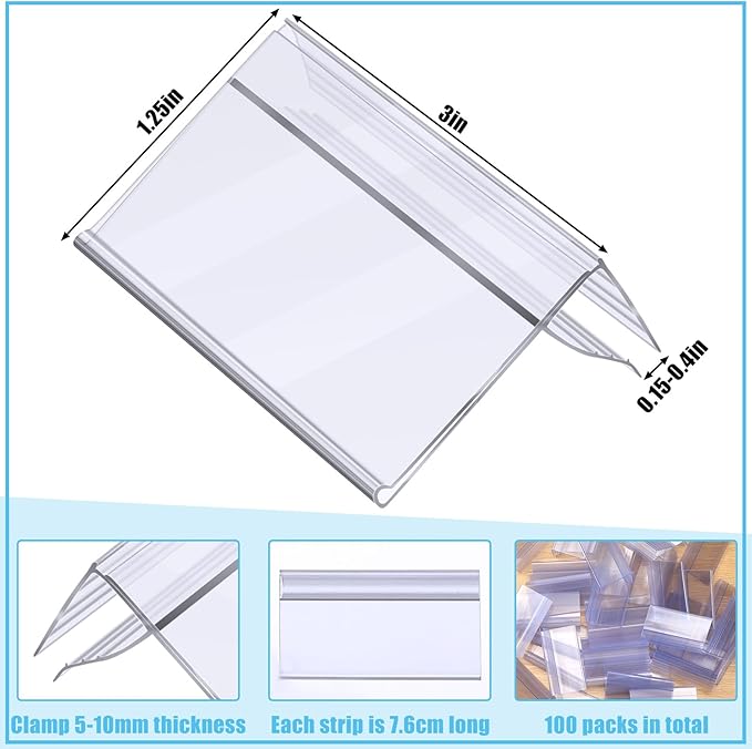 Qunclay 100 Pcs Shelf Label Holder Glass Wood 1.25 x 3 Inches Clear Plastic Clip on Labels Shelf Tags for Wire Shelving 0.15'' to 0.4'' Shelves Sign Price Tags