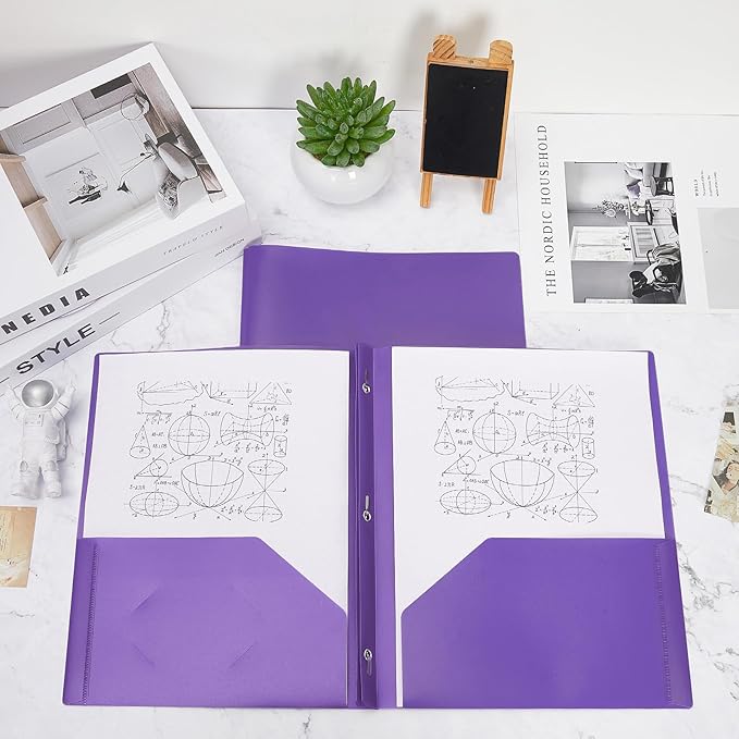 Lincia 100 Pcs Plastic Folders with Pockets and Prong Folders with Prongs 2 Pockets for Office, School for Students, Teachers, Office Workers(Purple)