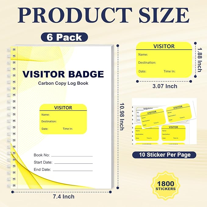 6 Pack of 1800 Visitor Badges Stickers Visitor Log Book with Carbon Copy Visitor Pass Stickers with Carbonless Visitor Name Tags Guest Registry Log Book for School Business Church
