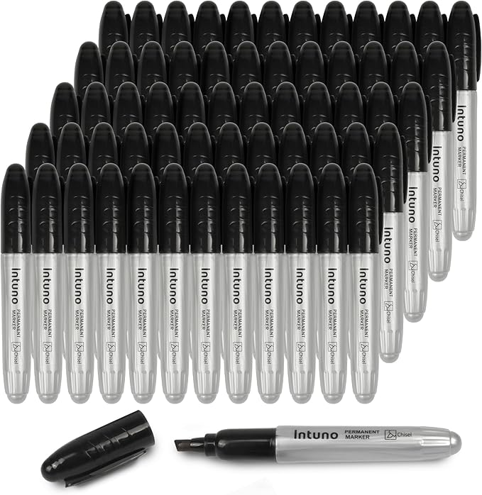 INTUNO Jumo Permanent Markers, 60 Count Black, Chisel tip, Oil-Based Permanent Markers, Waterproof and Fade-Resistant, for Paper, Wood, Metal, Glass and More