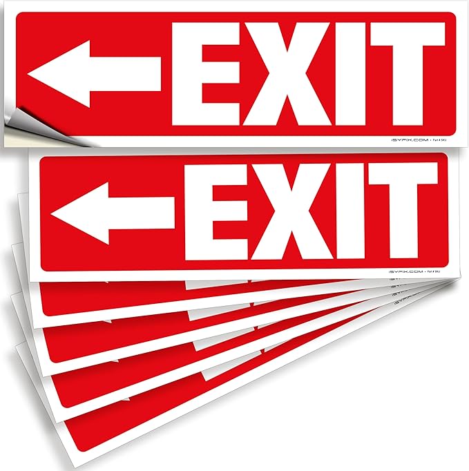 iSYFIX Exit Signs Stickers 6 Pack 12x4 Inch - Laminated Premium Vinyl Directional Left Arrow Signs for Buildings, Office, Workplace, Stores, Schools, Theaters, Parking, Restaurants, Factories