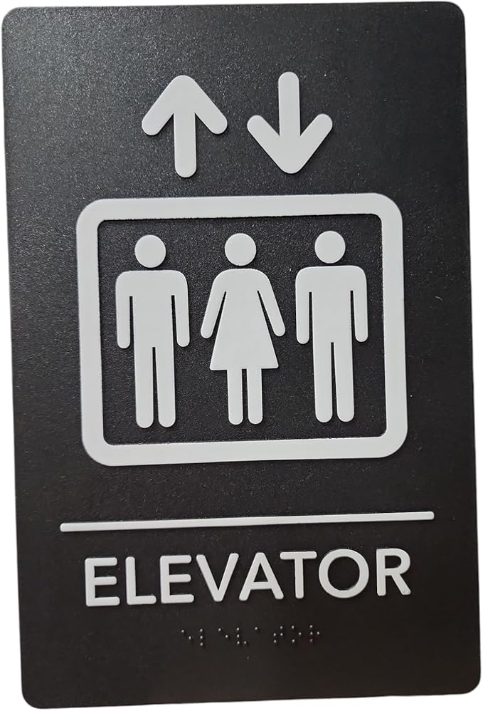 USA Made - Men's and Women's Restroom Signs ADA-Compliant Bathroom Door Signs for Offices, Businesses, and Restaurants, Black, Blue, Grey and Taupe/Tan Colors (Black Elevator)